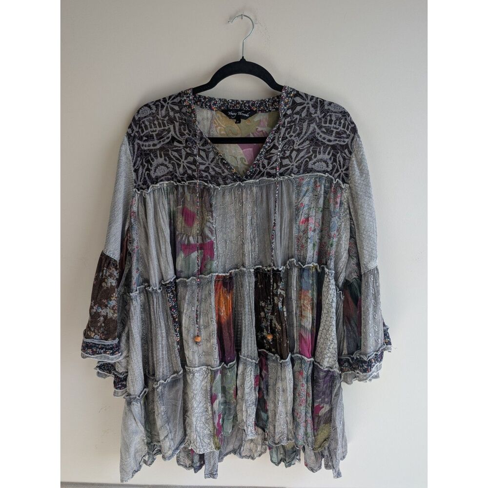 Young Threads women boho patchwork sheer tunic top bell sleeve mixed print flowy